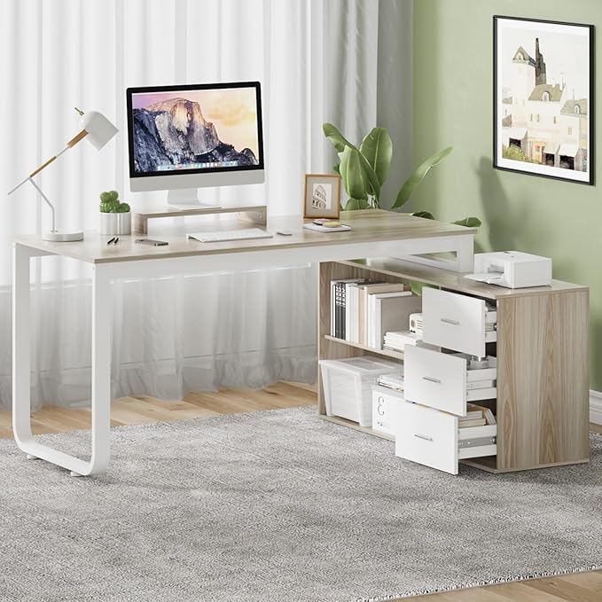 55 Inch L Shaped Desk with 3 Drawers White Desk with Storage Shelves Home Office Desk with Monitor Stand White and Walnut