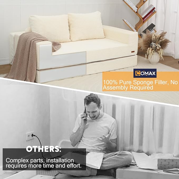 COMAX Convertible Sofa Bed Queen Folding Floor Couch Corduroy Boneless Sofa Pull Out Couch Bed Futon Sleeper with Pillows Fold Out Comfy Lounge Mattress Loveseat for Living Room Bedroom Beige