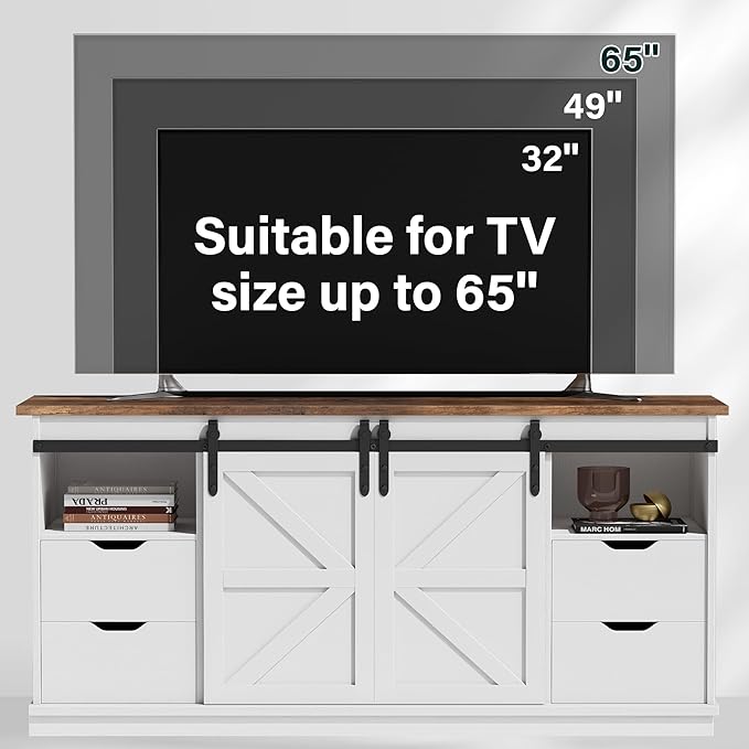 JUMMICO TV Stand with 4 Drawers for 65 Inch TV Farmhouse Entertainment Center with Storage and Sliding Barn Doors Rustic Media TV Console Cabinet with Shelves for Living Room Bedroom (Bright White)