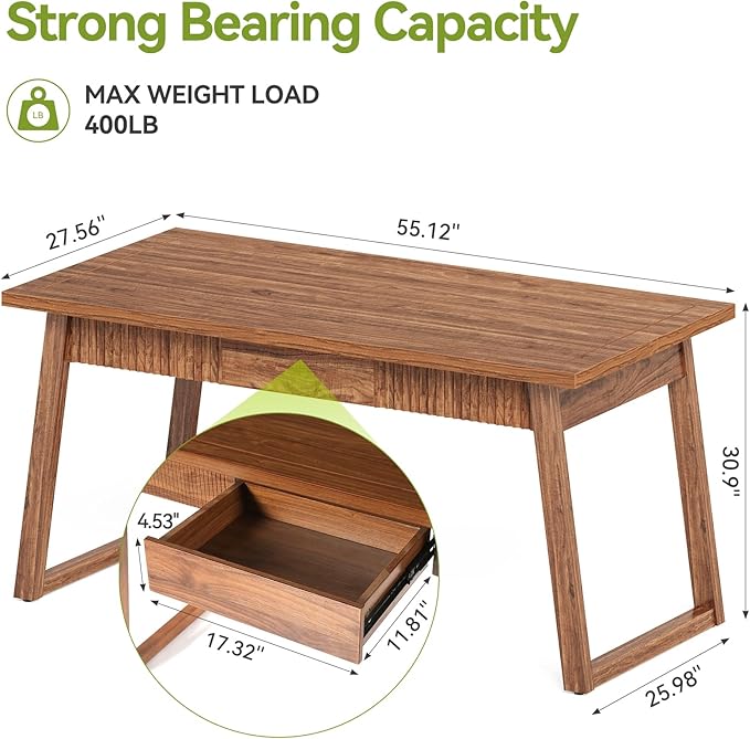 LITTLE TREE 55-Inch Home Office Desk with Drawer Modern Minimalist Style Wooden Simple Study Writing Table Mid-Century Log Executive Desk Computer Desk PC Laptop Desk Workstation Walnut Brown