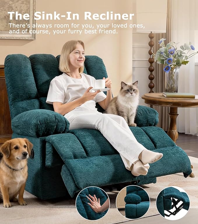 WILLOVE Oversized Rocker Recliner Chair Rocking Recliners Overstuffed Soft Big Man Manual Recliner Extra Large Living Room Chair 350 LBS Capacity Teal L