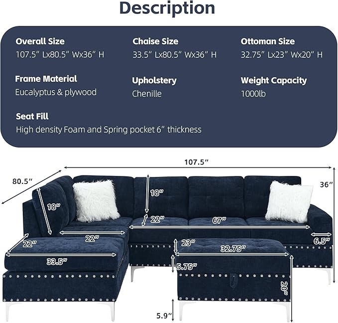 Living Room Furniture Sets L-Shape Sectional 5-Seater Sofa with Extra Wide Reversible Chaise Storage Ottoman and Cup Holders and Copper Nails 2 Pillows Navy Blue