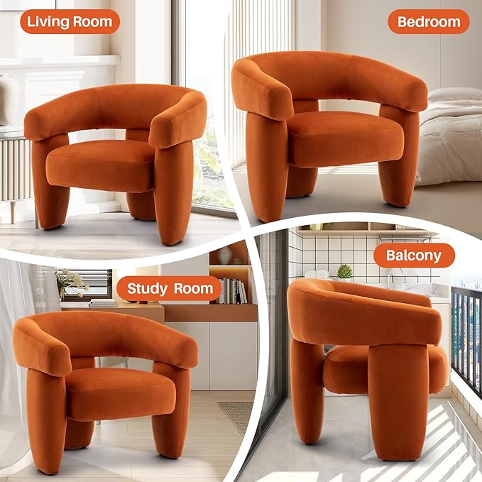 Mid Century Modern Accent Barrel Chair Comfy Upholstered Round Armchair with Montage Design Velvet Boucle Lounge Chair for Living Room Bedroom Apartment Orange