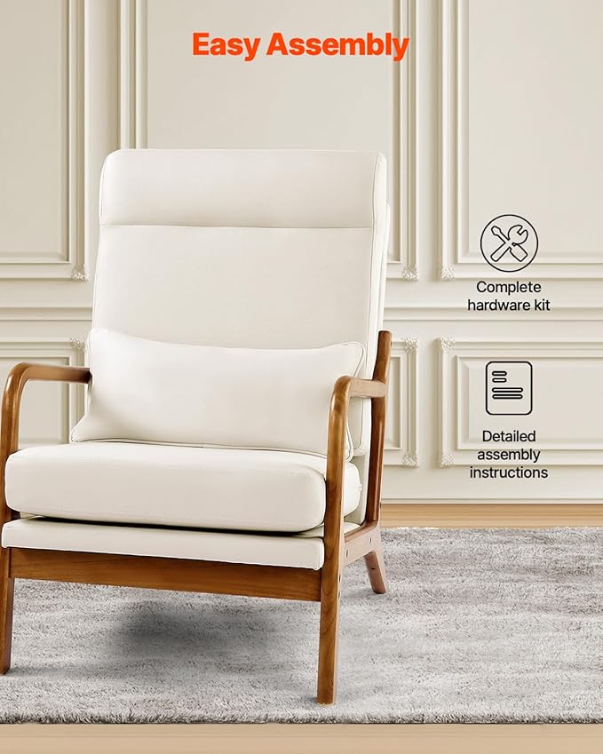 VEVOR Accent Chair High Back Mid Century Modern Armchair with Solid Wood Frame and Non-Slip Legs Upholstered Leisure Chair with Linen Fabric and 5.3 in Thickened Cushion for Living Room Bedroom