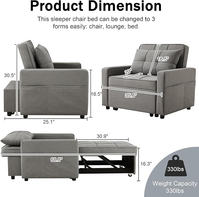 Sofa Bed Chair Convertible Sleeper Sofa with Pull-Out Bed 3-in-1 Futon Couch with Reclining Backrest and Side Pocket (Dark Grey 35.6‘)