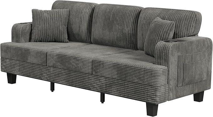 JUMMICO Corduroy Couches for Living Room 3 Seater Couch with Cup Holders and Removable Cover Small Sofa with Deep Seats for Apartment Terrace or Loft (Gray)