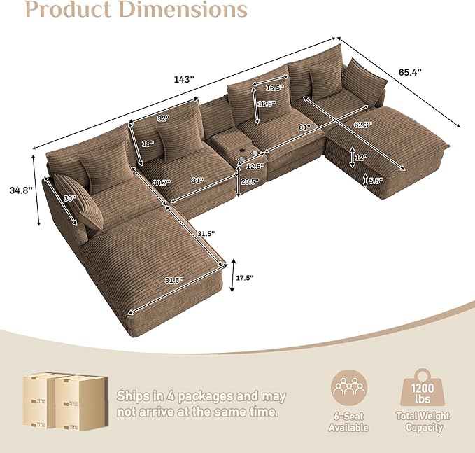 143 Oversized Modular Sectional Sofa U Shaped Cloud Couch 6 Seat Sofa Set for Living Room Comfy Corduroy Deep Seat with Storage Central Console USB Ports Cup Holders Movable Ottomans Brown