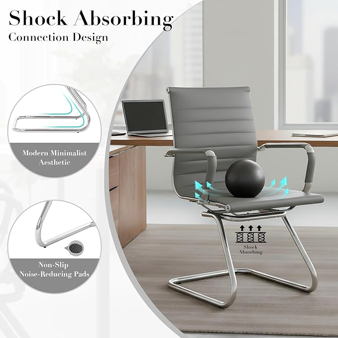 CIMOTA Waiting Room Chairs Leather Office Guest Chair Mid Back Reception Chairs with Sled Base for Meeting/Patient/Conference Room Grey Set of 4