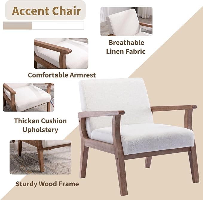 HNY Mid Century Modern Accent Chairs with Wood Frames Linen Upholstered Living Room Arm Chairs for Living Room Bedroom