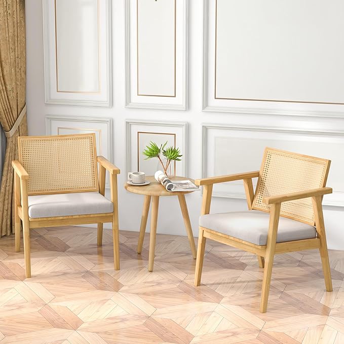 Giantex Modern Rattan Accent Chair Set of 4 Mid Century Accent Chairs w/Curved Backrest Detachable Padded Seat Cushion Solid Rubber Wood Frame Comfy Armchairs for Living Room Bedroom Natural