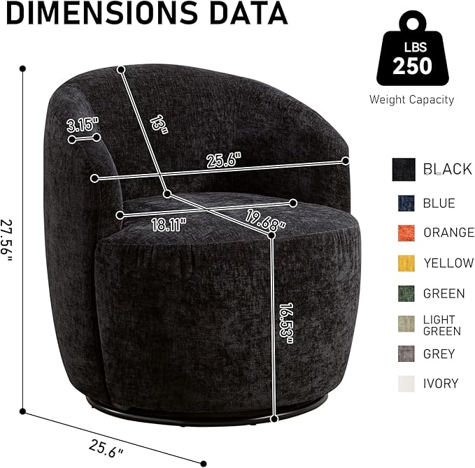 Swivel Accent Chair360 Degree Chenille Small Swivel Barrel ChairUpholstered Comfy Arm ChairModern Round Swivel Bucket ChairSingle Sofa Chair for Living RoomBedroomNursery(Black)