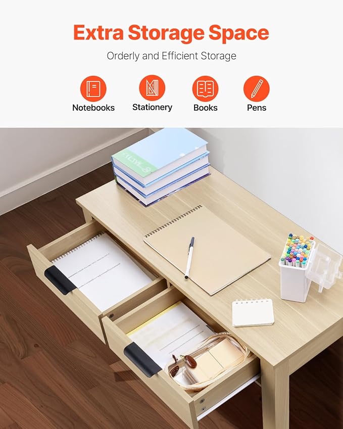 VEVOR Small Desk with Drawers Wooden Table for Home Office Small Computer Desk with Storage Vanity Desk with Drawers Study Table for Adults/Students for Drawing Reading Writing Light Wood