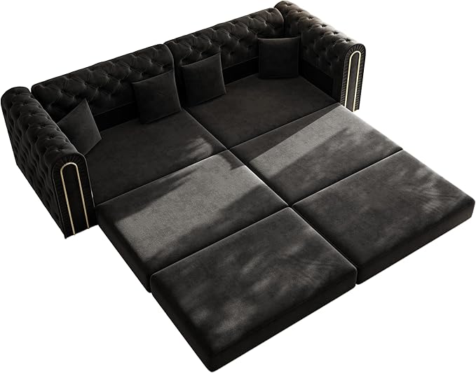 90.6'' Futon Sofa Bed Chesterfield Velvet Sleeper Sofa Convertible Floor L-Shaped Couch Tufted Back 4 Pillows Gold Edge Trim Deep Loveseat Couches for Living Room Apartment Gold Black