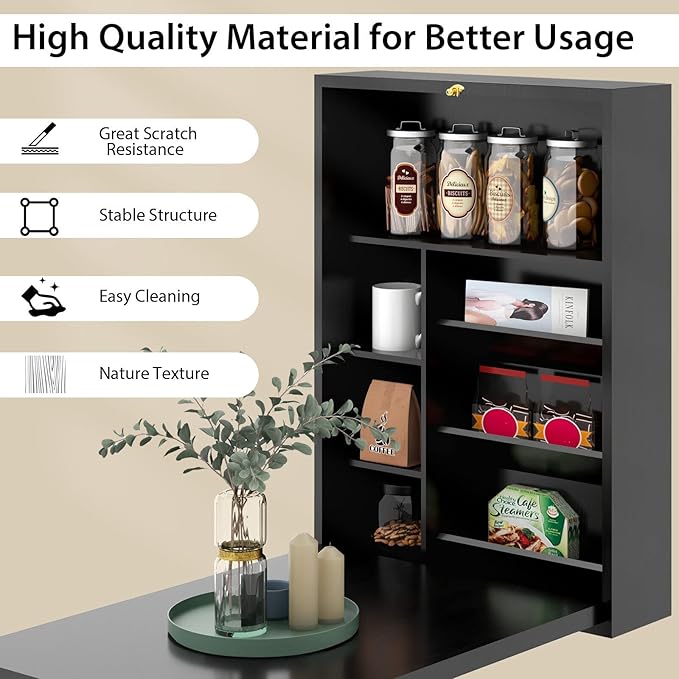 LDAILY LUARANE Wall Mounted Table Foldable Multiple-Purpose Desk Fold Out Wood Convertible Writing Desk Bookshelf Cabinet Large Storage Space Ideal for Home Office Study (Black)