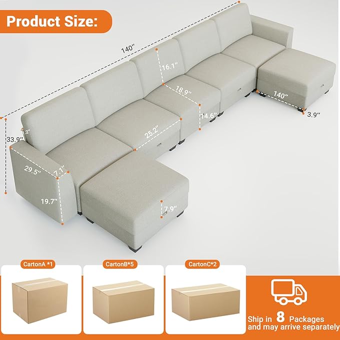 140 Large u Shaped Couch Oversized Modular Sectional Sofa with Storage Ottoman 7-Seater Comfy Combination Sofa Deep Seat Couches for Living Room Beige
