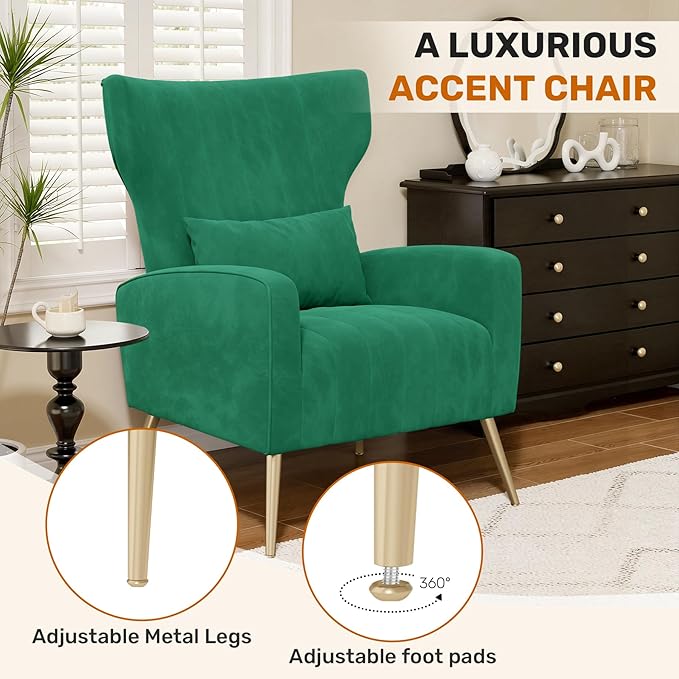 Velvet Accent Chair Wingback for Living Room High Back Arm Chair with Golden Legs Lumbar Pillow Upholstered Single Sofa Bedroom Green