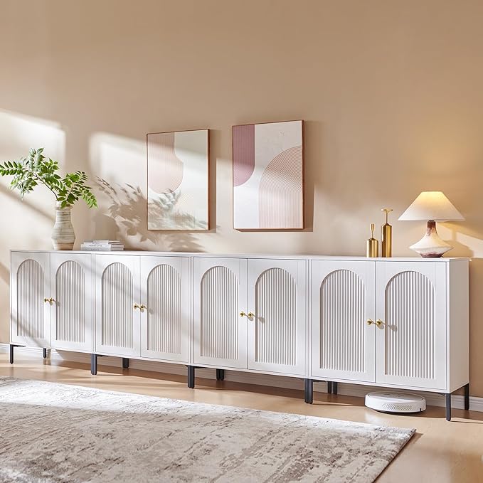 Modern TV Stands for 85 Inch TVs 123.5‬W Wood Entertainment Center w/Adjustable Shelves Mid Century Modern TV Stand w/Arched Fluted Doors Media Console Cabinet for Living Room White