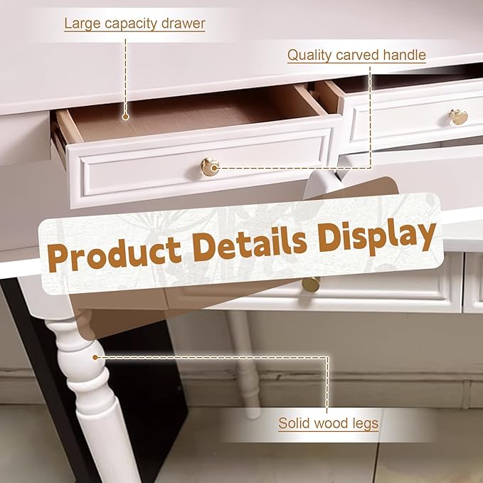 Solid Wood French Country DeskWriting Desk with Storage DrawersFarmhouse Computer Table Makeup Table Modern Simple Stylefor Home Office Living Room Study Workspace Bedroom (White 47.2IN)