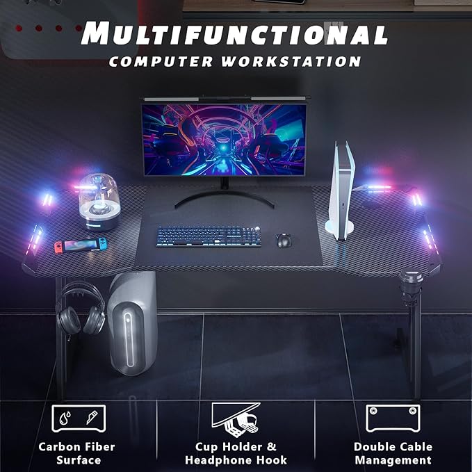 HLDIRECT 55 Inch Gaming Desk with LED Lights Carbon Fibre Surface Gaming Table Large Computer Desk Ergonomic Home Office Desks Z Shaped PC Gamer Workstations with Cup Holder &amp Headphone Hook Black