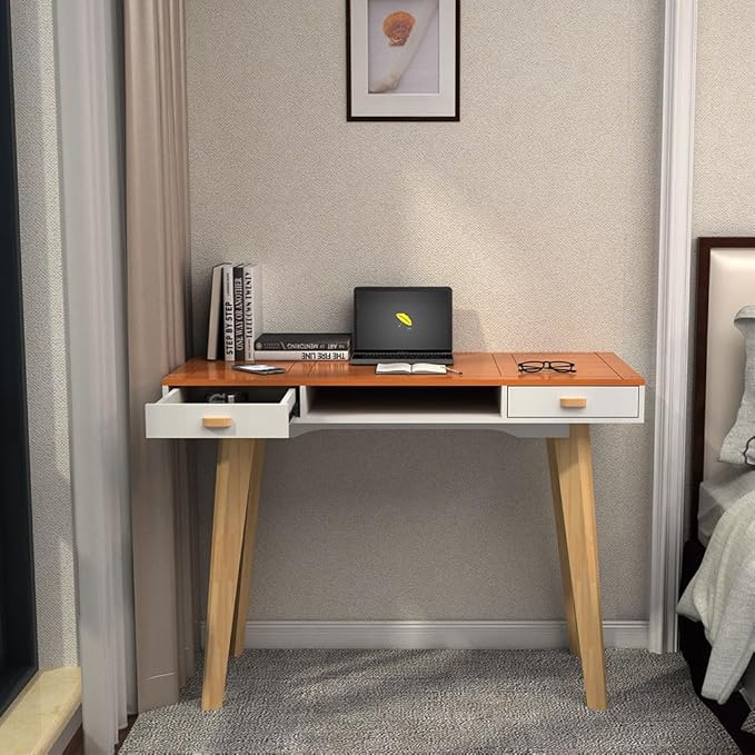 Mid Century Desk Modern Simple Style Writing Study Desk with 2 Drawers and Solid Wood Legs Home Office Desk Computer Desk for Small Space Multifunctional Vanity Table Desk