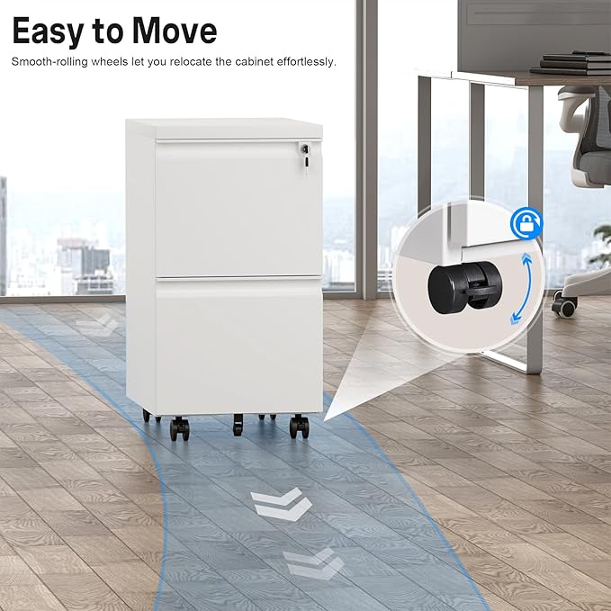 2 Drawer File Cabinet with Lock Metal Mobile Filing Cabinet on Wheels Compact Desk Side Storage Cabinet for Home Office Letter/Legal/A4 File Organizer with Anti-Tip Wheel (White)