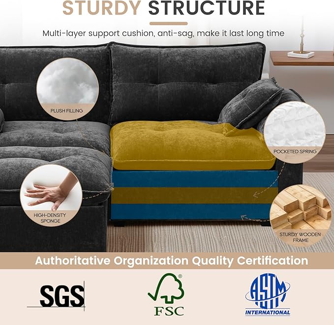 89 Modular Sectional Sofa Comfy Cloud Couch with Movable Ottoman 3-Seat Chenille Deep Seat Sofa with Throw Pillows/USB Ports for Living Room Office and Apartment (Dark Grey)