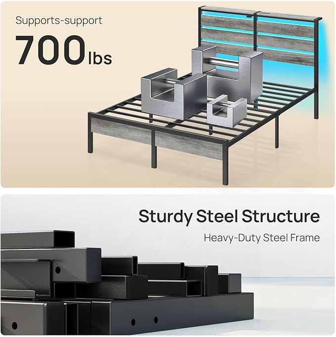 Rolanstar Queen Bed Frame with LED Lights and Charging Station Wood Storage Headboard and Under Bed Storage Metal Platform Noise Free No Box Spring Needed Grey