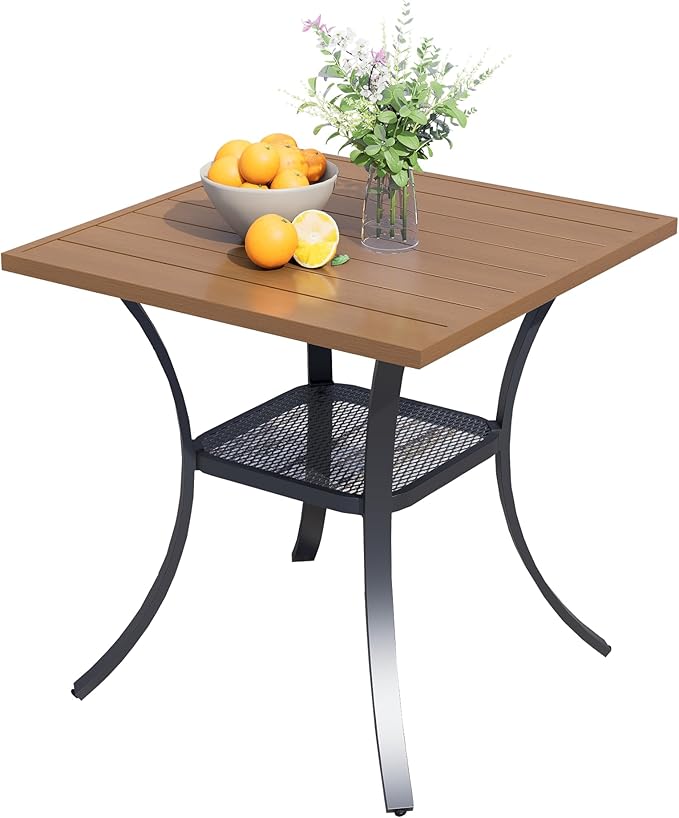 27.6 Square Outdoor Patio Table All-Weather Metal Patio Table with Storage ShelfOutdoor Dining Table for Lawn Garden Porch Walnut