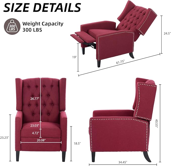 Wing Back Recliner Chair for Living Room Push Back Reclining Chairs Club Accent Chair Lounge Armchair Comfy Fabric Arm Chair with Rivet Decoration Tufted Back Solid Wood Legs Red