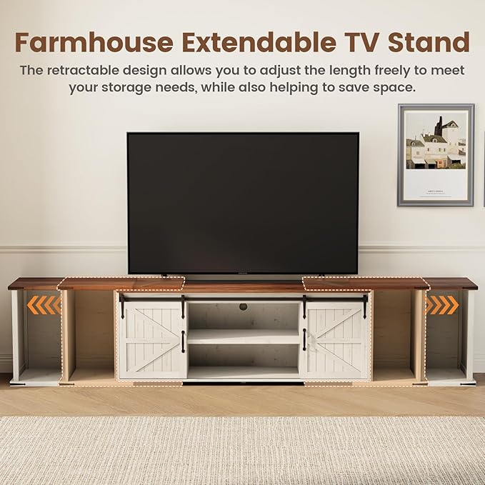 Extendable TV Stand Entertainment Center for 85 95 105 Inch TV Farmhouse TV Stand with Large Capacity Storage and Sliding Doors Media Console for Living Room Length 86-113 White