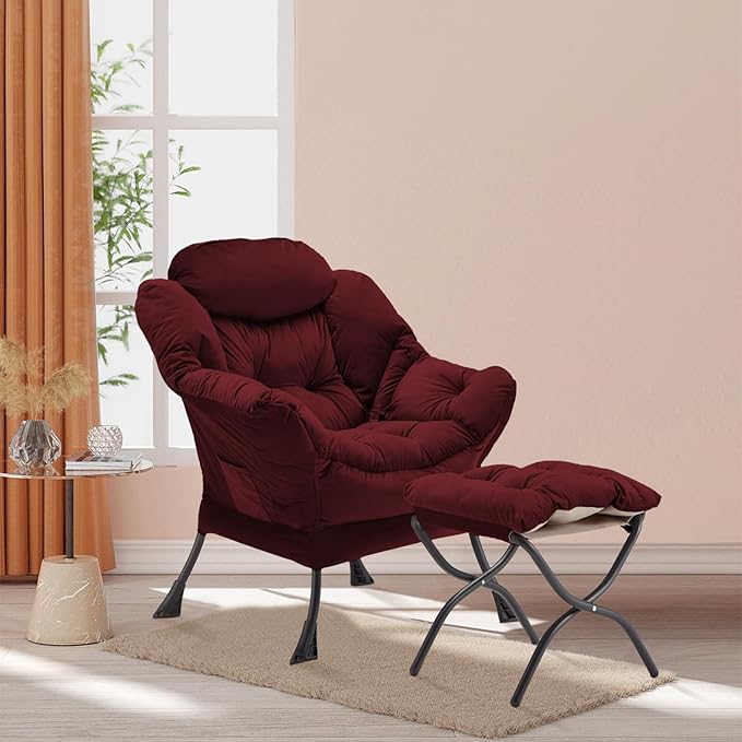 Lazy Chair with Folding Ottoman Accent Chair Velvet Upholstered with Metal Structure and Non-Slip Pads Sofa Armchair with Footrest and Side Storage Bag for Dorm Room Office Burgundy
