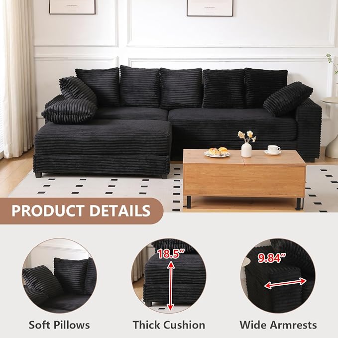 108 Oversized Sectional Sofa Modular Deep Seat Sofa Couch with Storage Ottoman Comfy Upholstered Cloud Couches Modern L-Shaped Corduroy Sofa Chaise with 8 Pillows for Living Room Apartment Black