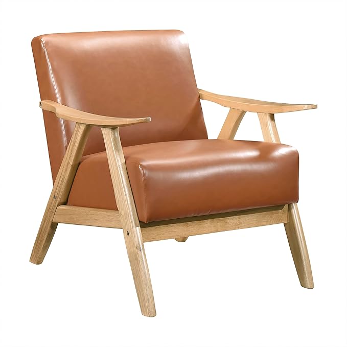 Lexicon Mid Century Modern Accent Chair with Solid Wood Frame in Natural Finish Faux Leather Living Room Lounge Arm Chair Thick and Comfy Innerspring Seat Cushion Brown