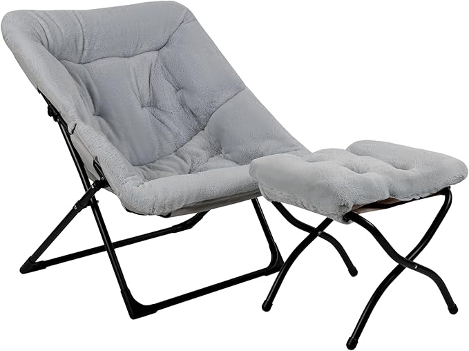 Comfy Saucer Chair for Adults Soft Faux Fur Bedroom Chair with Ottoman Accent Dorm Chairs Living Room Reading Chairs and Footstool Folding Seat for Teens X-Large Grey
