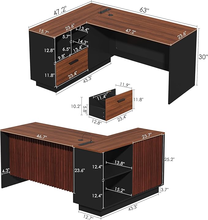 63 L-Shaped Executive Desk Home Office Standing Desk with Storage Drawers File Cabinet and Privacy Panel Modern Corner Desk with Charging Station &amp Led Lights(Walnut+Black)