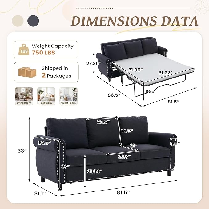Queen Size Pull Out Sofa Bed 3 in 1 Linen Convertible 3-Seater Sleeper Sofa Bed with Memory Form Mattress Pull Out Couch with Nailhead Trim &amp Roll Arms for Living Room Bedroom Small Space(Grey