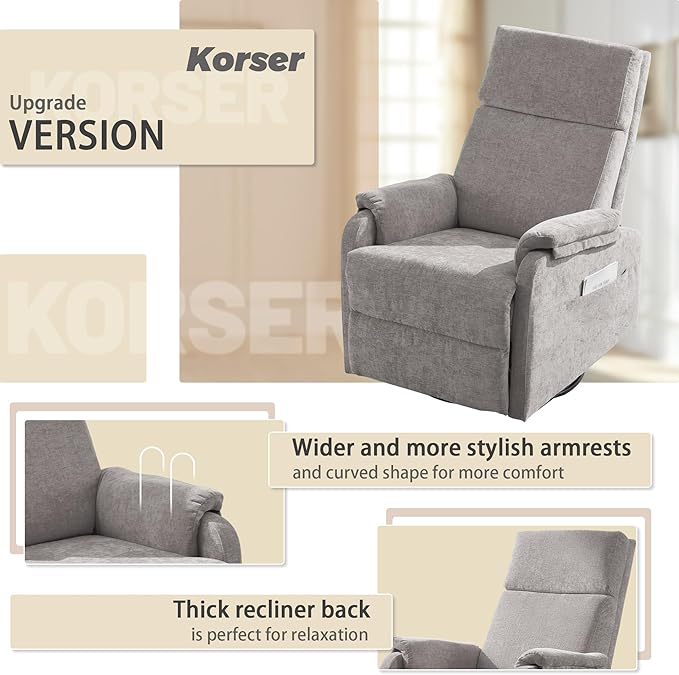 Swivel Rocking Recliner with Massage Small Glider Chair for Nursery Modern-Designed Armrests Chair for Adults Living Room Chenille Grey