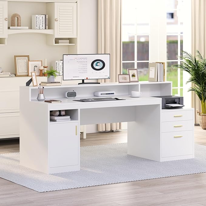Computer Desk with 3 Drawer &amp Storage Shelves Home Office Desk with File Drawer &amp Cabinet Writing Study Table with Long Monitor Stand &amp Printer Shelf Executive Desk White