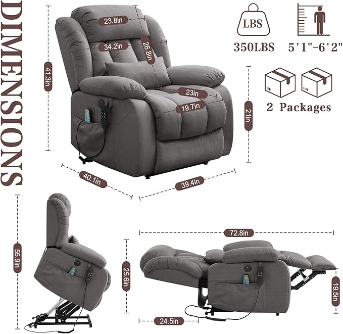 Infinite Position Lay Flat Lift Recliner Chair for Adults Dual Motor Power Lift Chair for Elderly with Massage &amp Heating USB Ports Remote Control &amp Lumbar Pillow Linen Fabric (Grey)