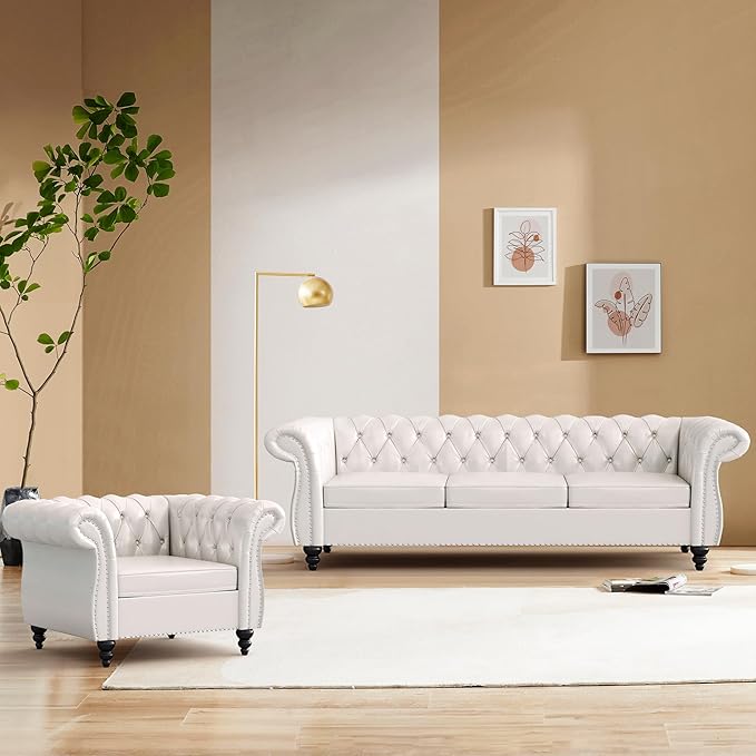 3-Seater Sofas for Living Room Chesterfield Leather Sofa Large Couch with Rolled Arms Deep Button Tufting Nailhead Trim for Living Room Bedroom Office Apartment (PU White)