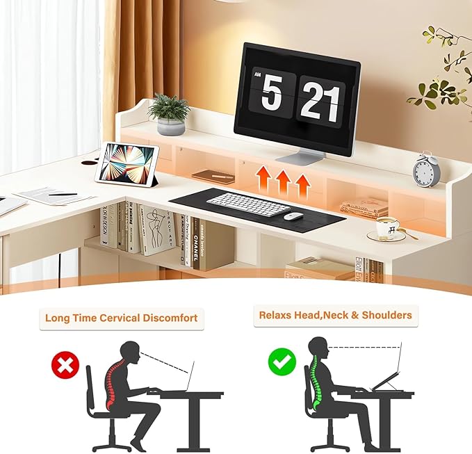 White L Shaped Desk with 3 Drawers 60 inch L Desk with Moveable Hutch and Power Outlet Large Home Office Corner Computer Desk with Storage File Cabinet