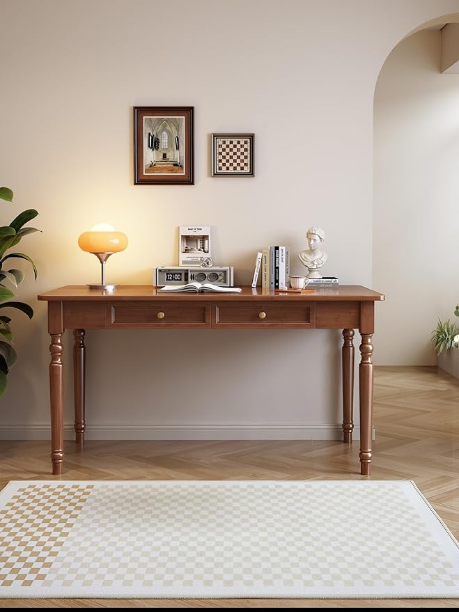 French Country Style Walnut Writing Desks with Drawers 47 Solid Wood Farmhouse Computer Table for Home Office Living Room Study or Workspace (Walnut)