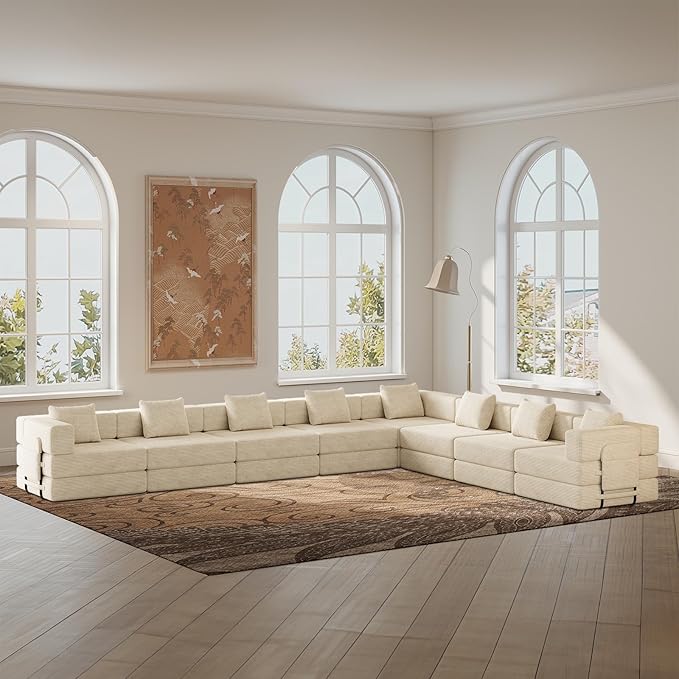 Convertible Sofa Bed 108+108+72.4 Sectional Couch 8-Seater with Storage Pockets Modular Sleeper Couch Corduroy Folding Floor Boneless Lounge Sofa for Living Room Guest Room Beige