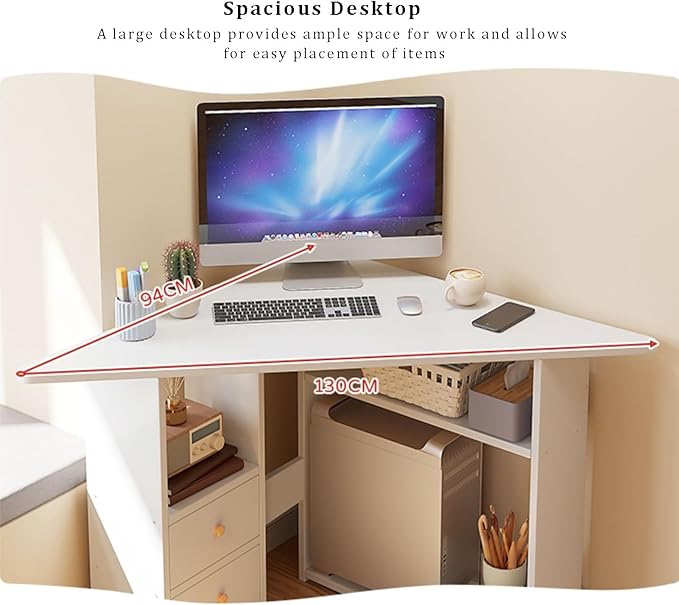 Corner Home Office Desk with Storage Shelves Triangular Computer Desk Workstation Makeup Vanity Desk with Spacious Desktop Space Saving Gaming Table for Study(67x67x74cm(26x26x29) White)