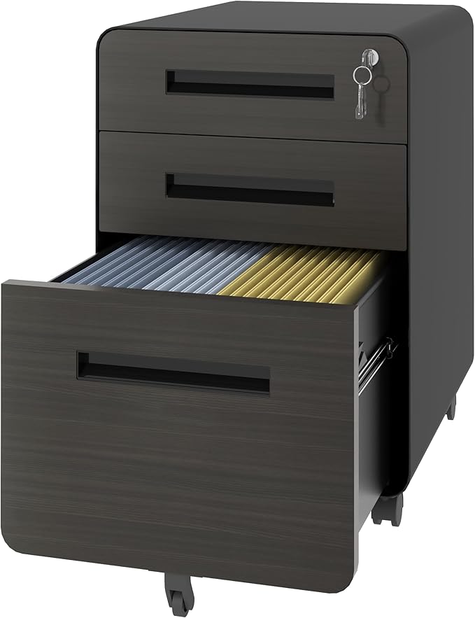 3-Drawer Mobile File Cabinet with Lock Small All-Steel Metal Filing Cabinets Organizer with Locking Drawers for Home Office Under Desk StorageHolds A4/Letter FilesBlack-Metal-Classic