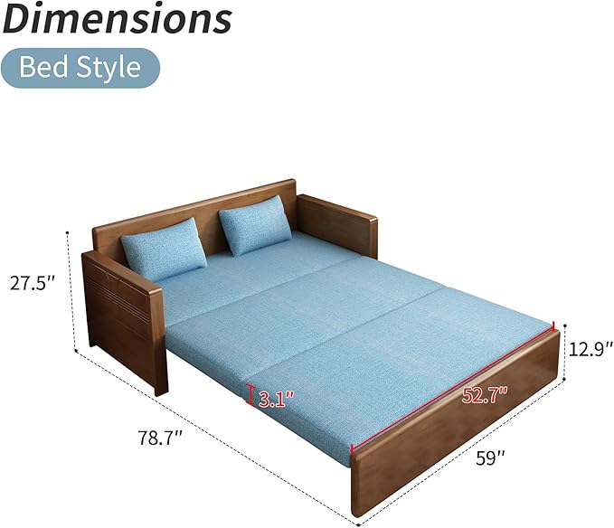 59 Convertible Sofa SleeperBlue Soft Cushion sectional Sleeper Couch with Reversible Chaisesolidwood Bed 3 in 1 Pull Out CouchWalnut Color Sofa for livingroomApartmentBedroomOffice