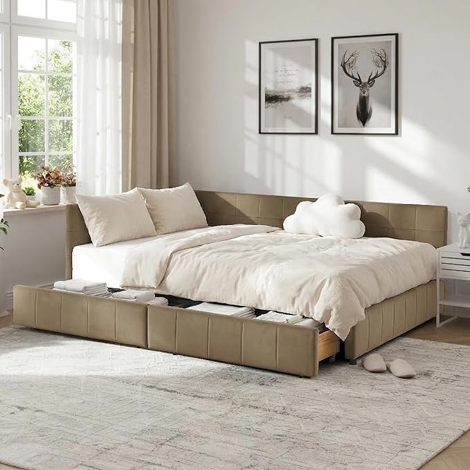 Queen Corner Bed Frame with Storage Drawers Modern Velvet Upholstered Sofa Day Bed Frame with Wood Slats for Living Room Bedroom Guest Room No Box Spring Needed Brown