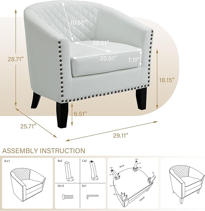 Pia Ricco Faux Leather Barrel Accent Chair Modern Club Arm Chair Comfy Upholstered Single Sofa Chair with Solid Wood Legs and Nailhead Trim for Living Room/Reading Room (White)