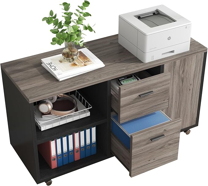 Tribesigns 47 Mobile File Cabinet with 2 Drawers Wooden Filling Cabinet for Home Office Lateral Office Storage Cabinet with Storage Shelves for Legal Size/Letter/A4/Files Grey and Black