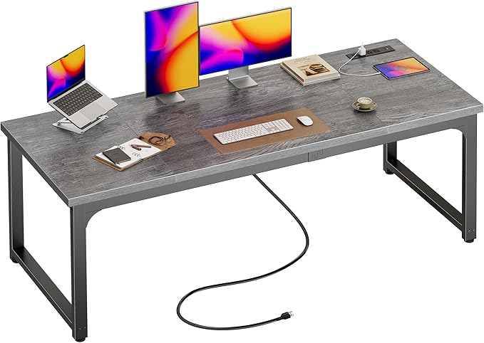 Huuger 63 x 24 inch Desk with Power Outlets &amp USB-C Deeper &amp Thicker Desktop Robust Metal Tubes Computer Desk Heavy Duty Office Desk Work Gaming Desk for Home Office Grey